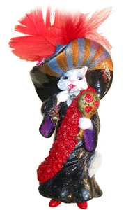 Playing Dress Up Cat - Kitty lifts her arm to put on her lipstick. One of a kind figurine of polymer clay by Leigh