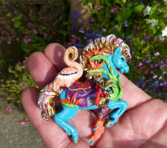 Flamingo HORSE PIN - polymer clay original sculpture by Leigh - click for close-up