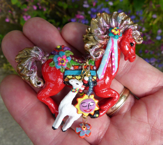 Guatamala HORSE PIN - polymer clay original sculpture by Leigh - click for close-up